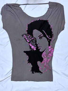 Y2K Wet Seal Womans Face Shirt L Metallic Open Back Butterfly Grunge Fairy